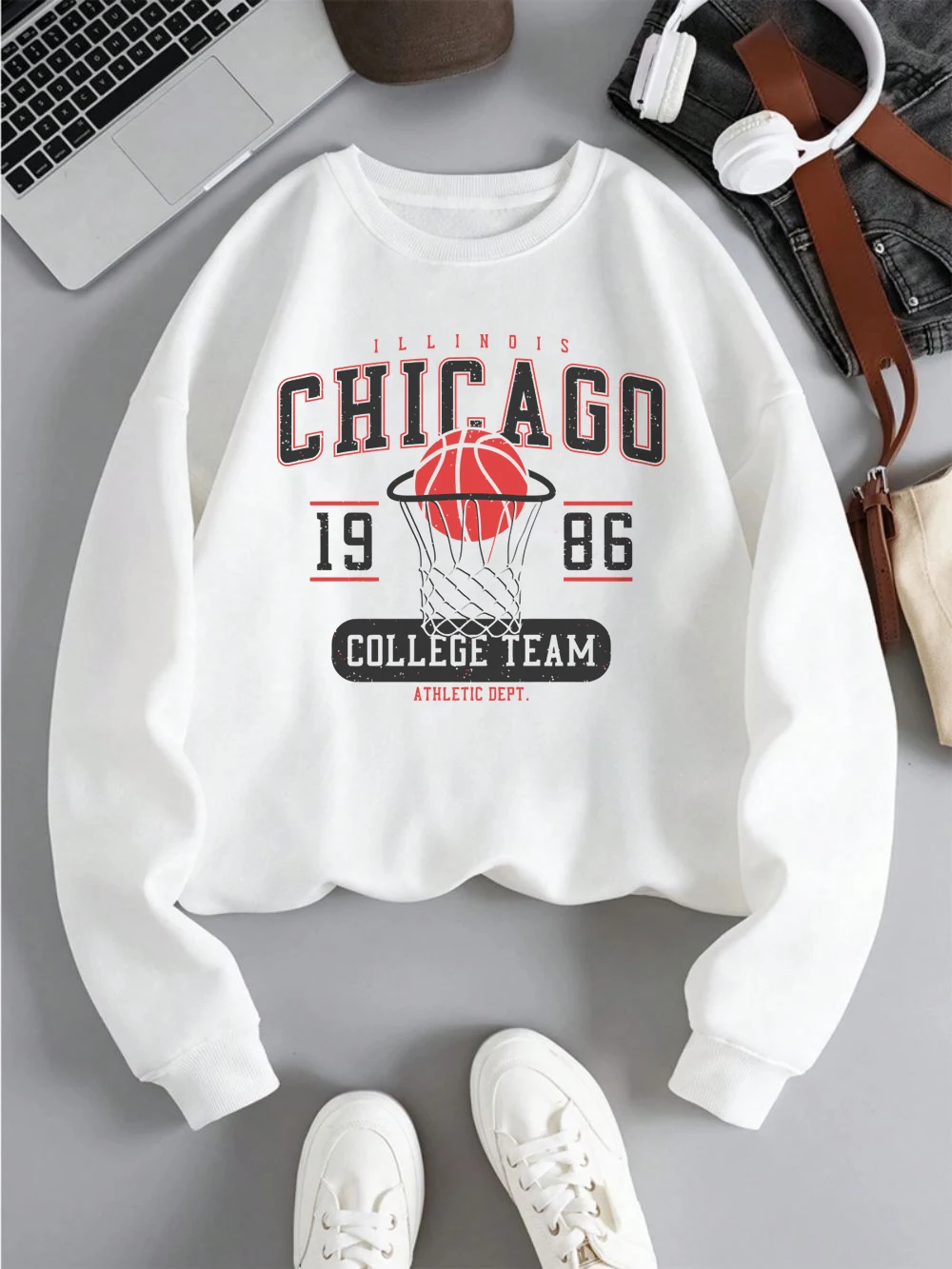 

Chicago 1986 Sweatshirt Womens College Team Printing Hoodies Crewneck Loose Fleece Warm Pullover Winter Sporty Woman Clothes