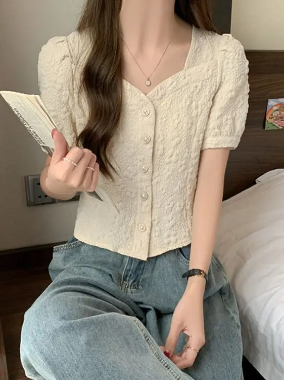 Ele ort Sve Chiffon Pred Flower Top Slimming Sli Summer New Arrival Faionable Square Collar Women's irt