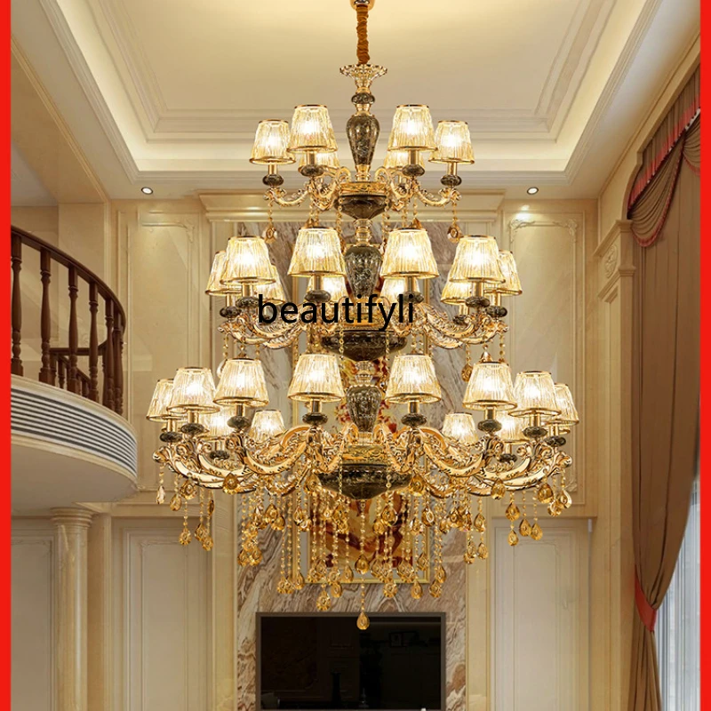 HJ Chandelier European-Style Duplex Building Stairs Empty Hall Hotel Ceramic Crystal Lamp