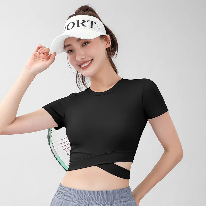 Women's Summer Tight Quick Dry Round Neck Crossover Revealing T-Shirt Short Sports Running Fitness Yoga Short Sleeve Top