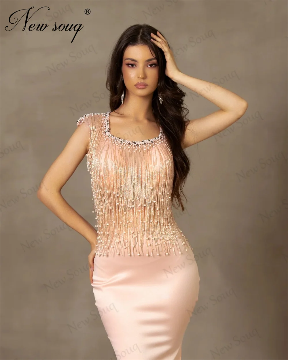 Elegant Peach Satin Mermaid Party Dresses Customized Beaded Tassel Top Prom Celebrity Dress Women Evening Engagement Dress Robes