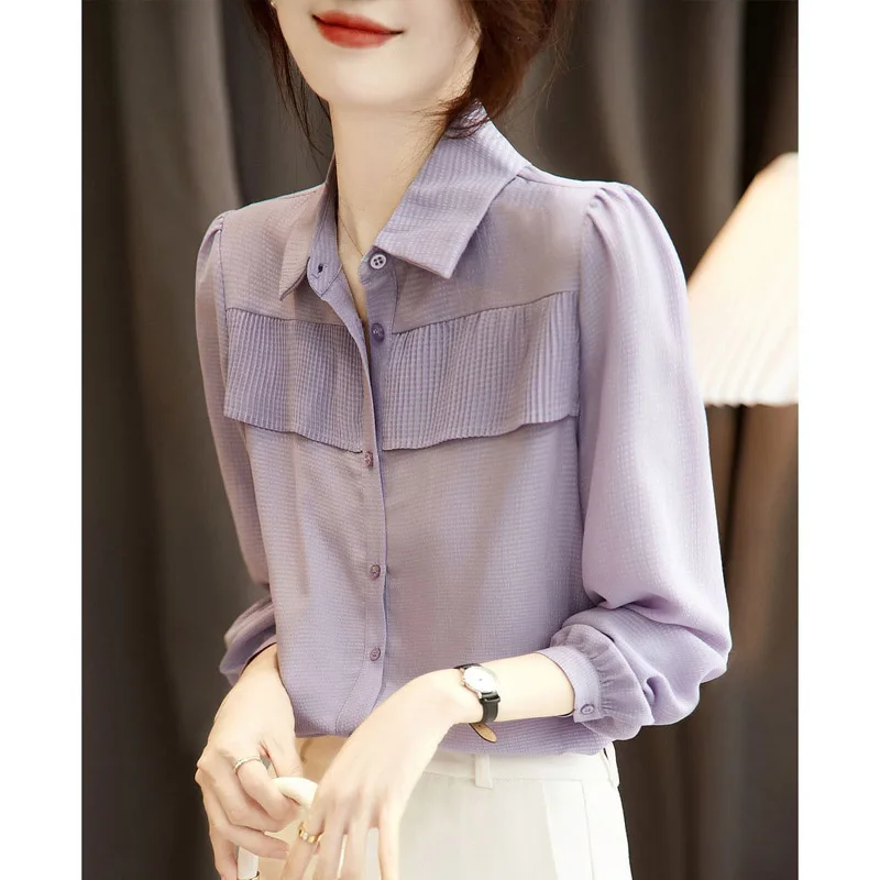 Fashion Solid Color Anti-wrinkle Single-breasted Blouse Women Classic Long Sleeve Polo Collar Korean Office All-match Lady Shirt