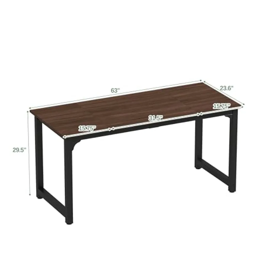 Home office large 63-inch computer desk with metal sturdy frame, thicker steel legs, black finish, spacious dual-person workspa