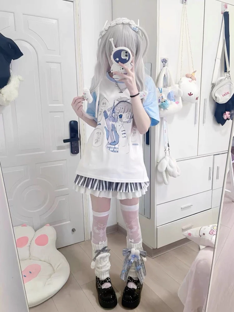 Cseta de Manga Corta para Mujer, Estilo Veraniego, Nueva, Subcultura Japonesa, Bloques de Color, Estilo Dulce, Estampado I...