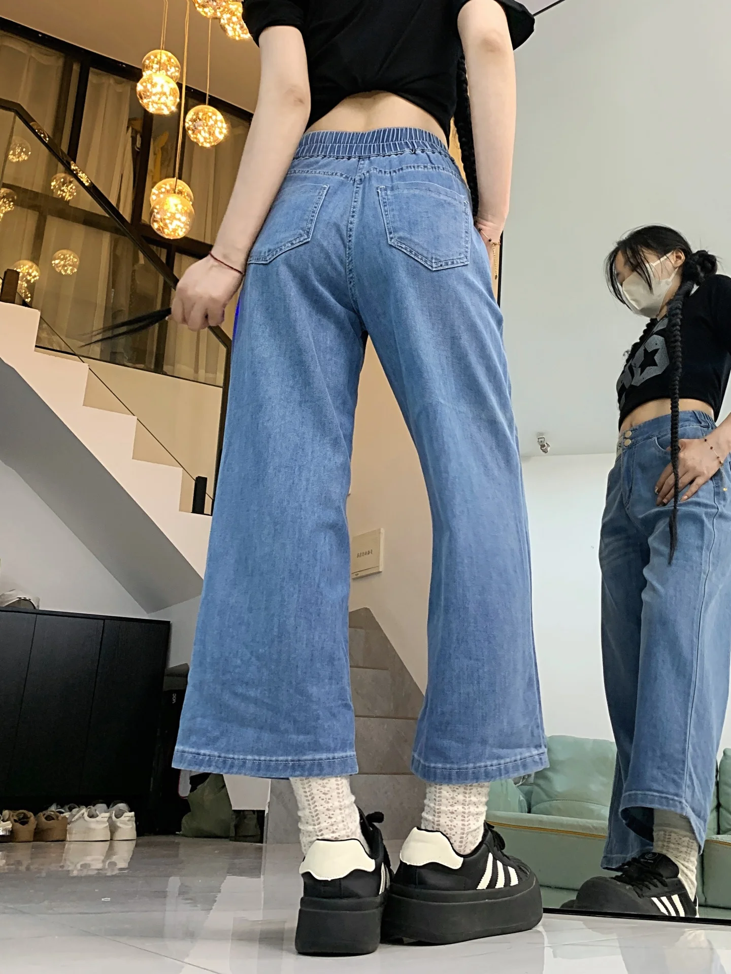 High Waist Wide Leg Jeans Women's Loose Fit Straight Cut Elastic Waist Denim Pants Autumn New Sle Slimming Durable Casual