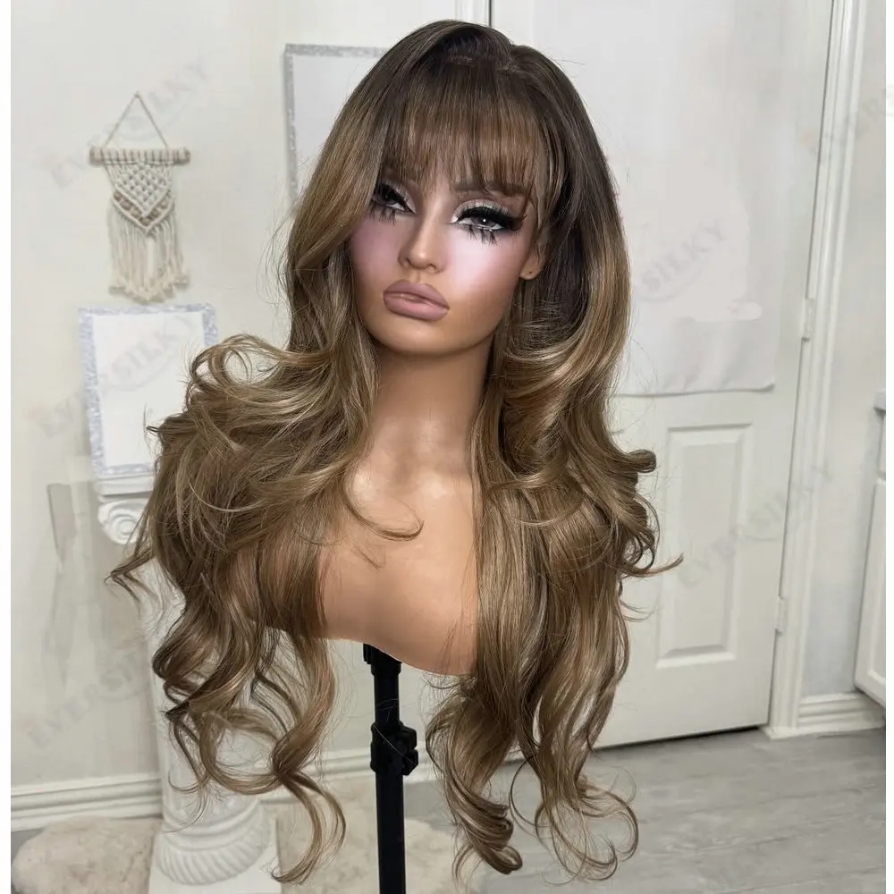 Perruques de cheveux humains indiens pleine dentelle avant pour femmes sans colle frange brun doré légèrement vague longue Remy 5x5 HD dentelle/360 perruques de dentelle