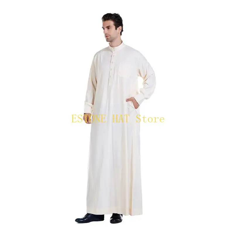 49MF Ramadan Muslim Dress Abayas Dubai Casual Kaftan Robe Islamic Costume with Long Sleeve Stand Collar Thobe Gift for Men