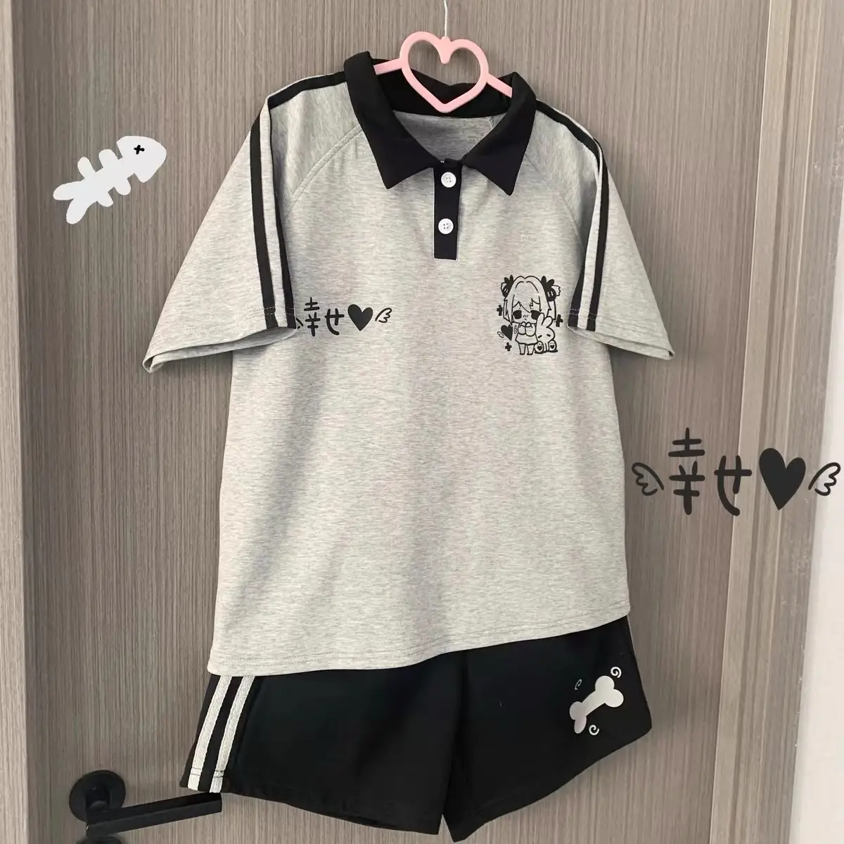 

Japanese Cute Anime Print Sports Short Sleeved Round Neck T-shirt + Casual Shorts Two Piece Sets Womens Outifits Y2k Suits