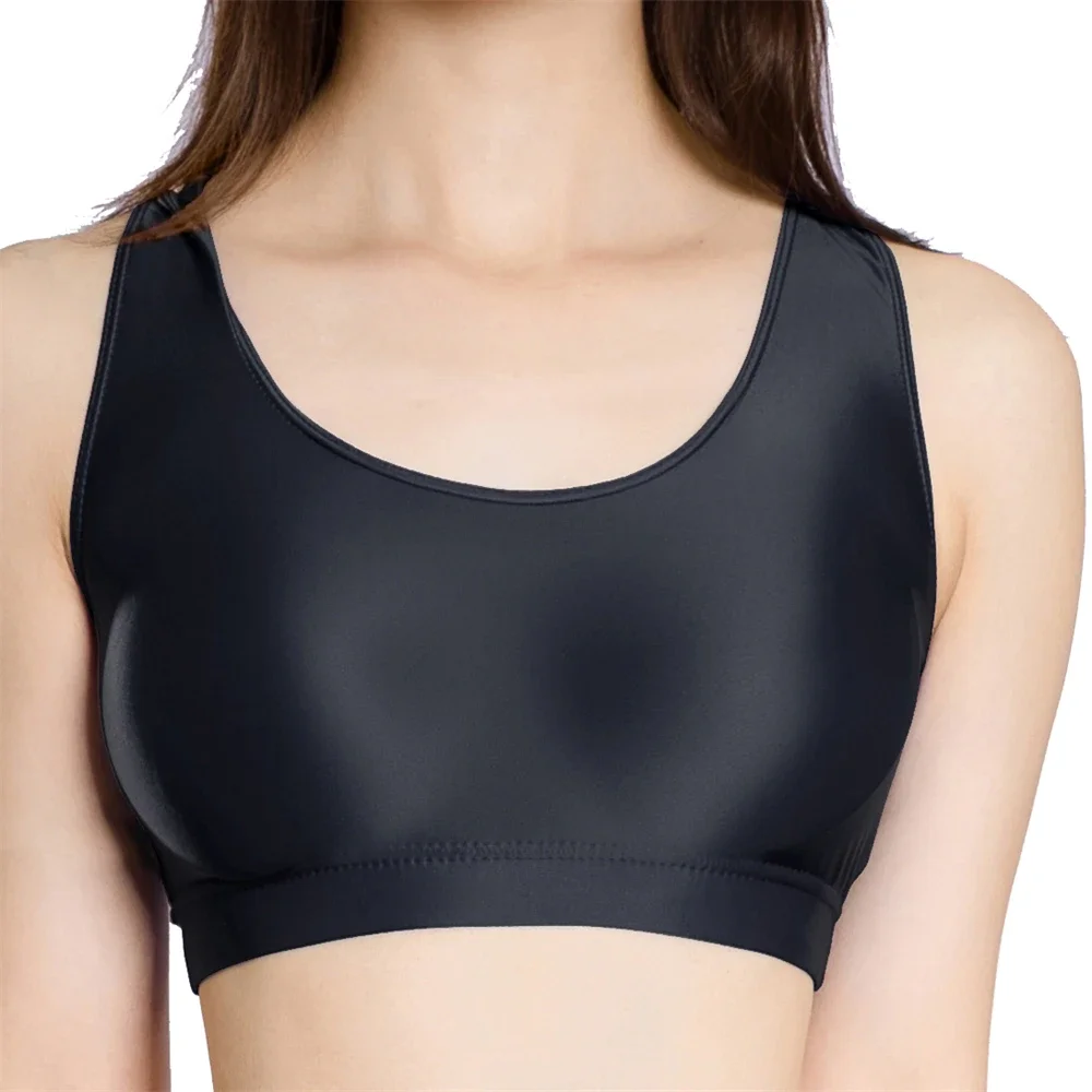 Sexy Frauen Einfarbig Öl Glänzend Glänzende Kurze Weste Tank Tops Gym Sport U Neck Bh Tanks Yoga Ärmellose Mini T-Shirts Crop Tops