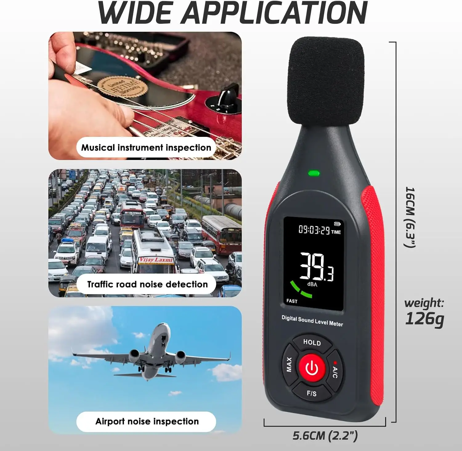 HoldPeak Decibel Meter Data Logger, Digital Sound Level Meter with Recording, dB Meter 30~130dB, 31,000 Data, 3Color Light Alarm