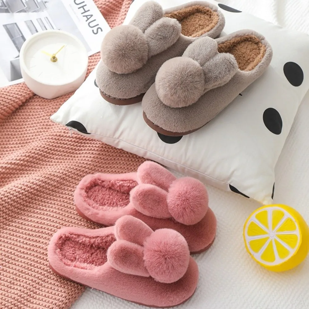Rabbit Ears Women's Cotton Slippers Non-slip Warm Tool Warm Fur Shoe Three-dimensional Warm Slippers