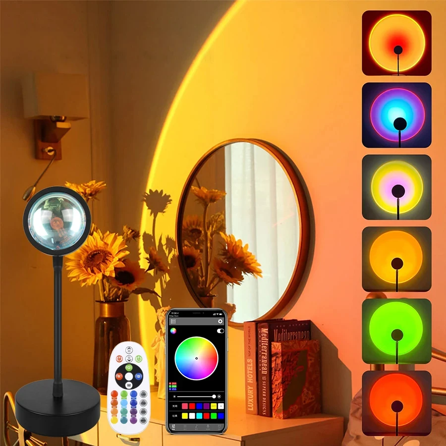 Lampa LED RGB Sunset Projector ze sterowaniem pilot aplikacji Bluetooth światło nocne RGB fotografię USB i rytmiczne oświetlenie Disco