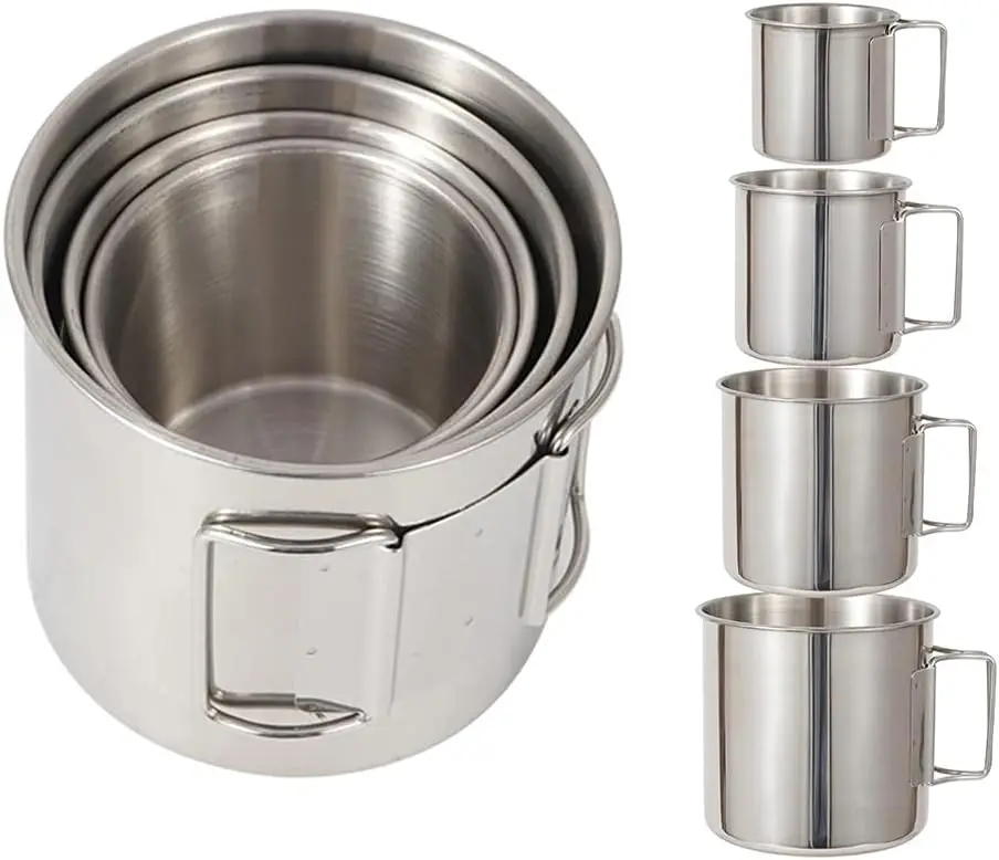 4-Piece Folding Stainless Steel Camping Cup Set with Handle for Hiking, Hunting, Fishing & Survival