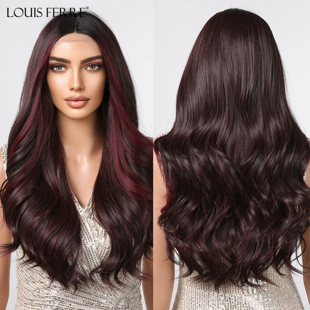 LOUIS FERRE Burgundy Lace Frontal Wave Synthetic Wigs Long Wine Red Highlight Hair Wigs 13*1 T Part Lace Frontal Heat Resistant