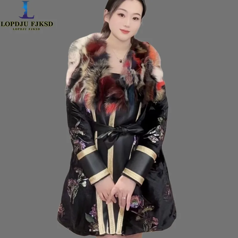 Faux Fur Coat for Women,Luxury Jacket,Female Clothes,Fox Fur Collar,Adjustable Waist,Female Clothes,Spliced,New,Winter,2025