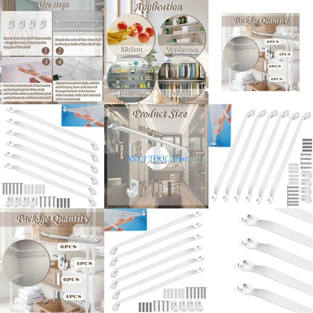 

L8RC 6pcs Strong Wire Shelf Brackets Set Includes 4 Clip & All Parts Rusts Proof Designs Supports for Simple Installation