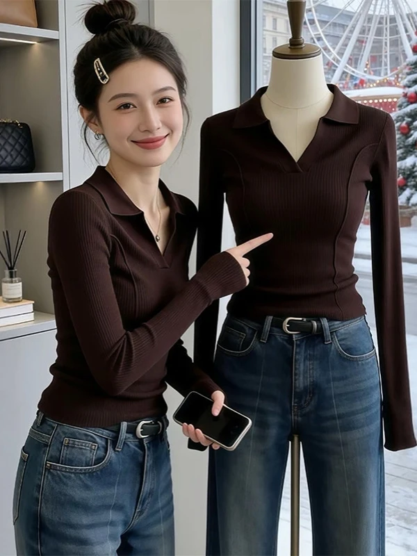 

plus Size Women's Ne Knitwear Coffee Color Turn-down Collar Base Layer irt Slim Fit Autumn Winter Warm Top