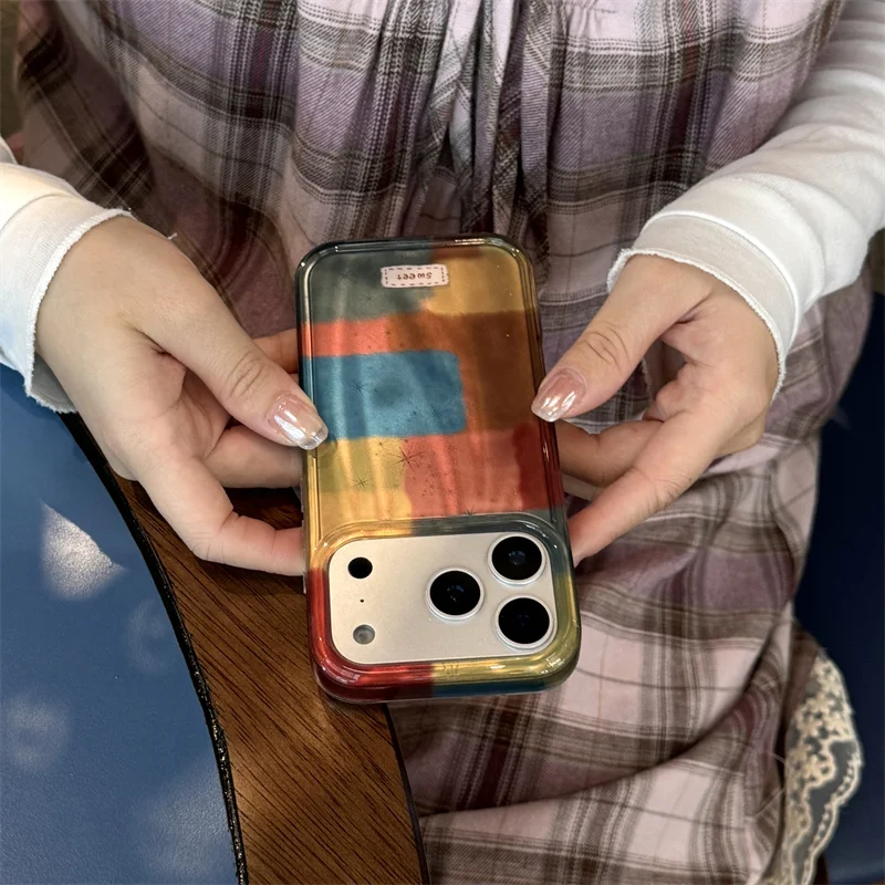 Funda de teléfono con bloques de colores artísticos para iPhone 17 Pro 15 16 14 Pro Max, Funda con cadena de cuentas, Fundas protectoras bonitas a prueba de golpes