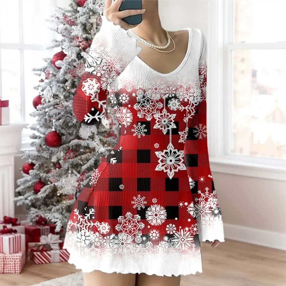 Fashionable Women's Dresses Autumn Winter Christmas Style Casual Comfortable Long-sleeved Loose Waist V-neck Pullover Dress