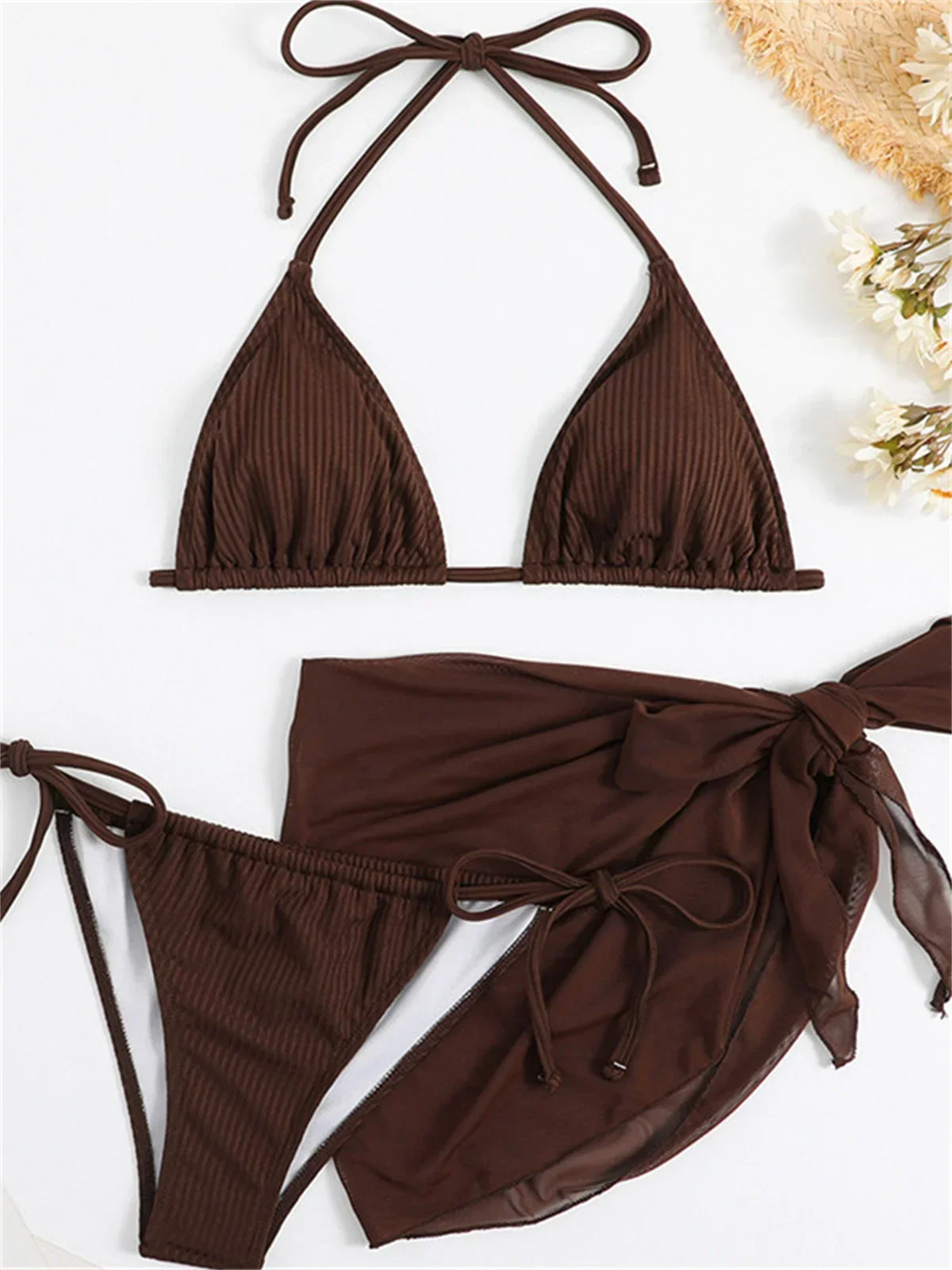 Sexy Solid Brown bikini Set donna Ribbed Halter Push Up Mesh gonna costume da bagno 2024 Mujer costume da bagno brasiliano Cover Up Swimwear