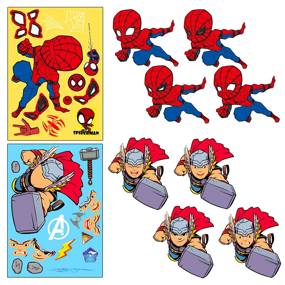 6/12sheets Disney Anime Super Hero Puzzle Stickers Make A Face DIY Cartoon Spider Man Hulk Children Funny Assemble Jigsaw Decals