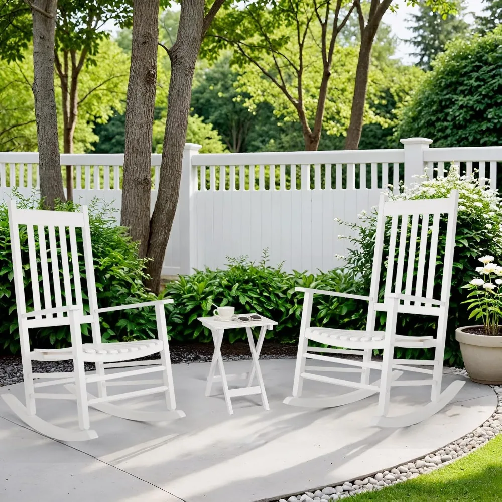 

3-Piece Wooden Rocking Chair Set with Side Table – High Back Patio Rocker for Indoors/Outdoor Use, Easy Assembly for Porch, Gar