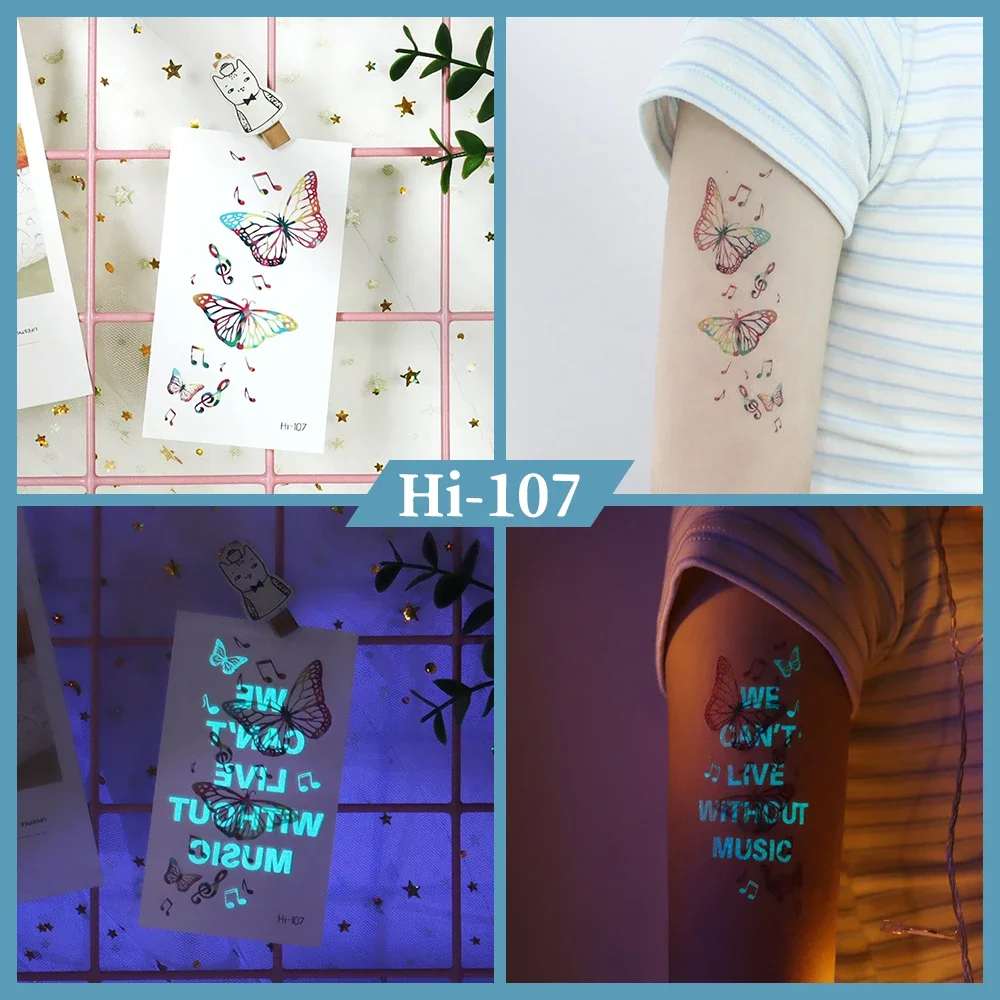 Blue Luminous Tattoo Sticker Music Concert Butterfly Feather Glowing Waterproof Fake Temporary Tattoo For Body Art Women Men