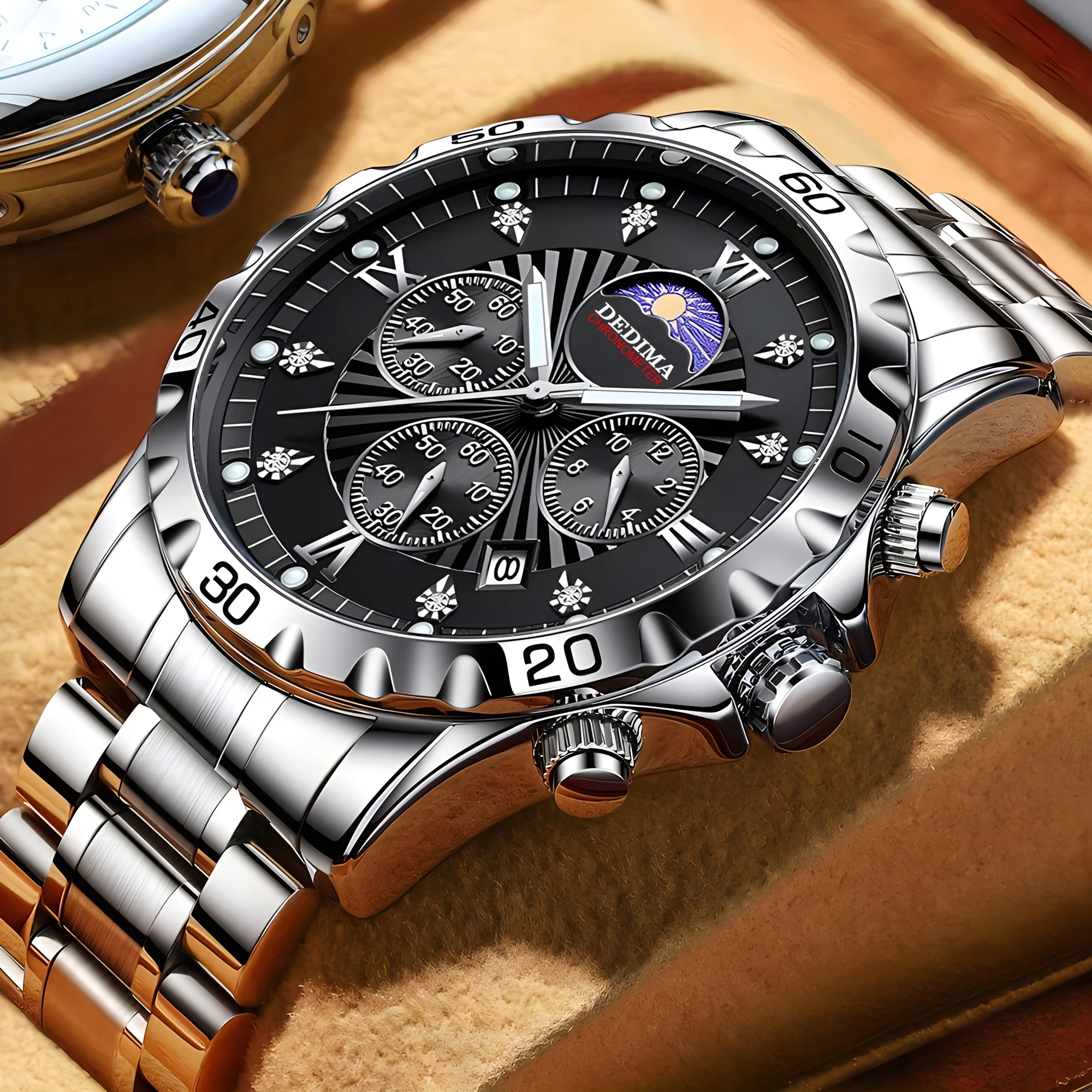 

Высококачественные стальные водонепроницаемые кварцевые часы для мужчин, четыре глаза, шесть игл, многофункциональные наручные часы с бриллиантами, мужские часы со светящейся датой