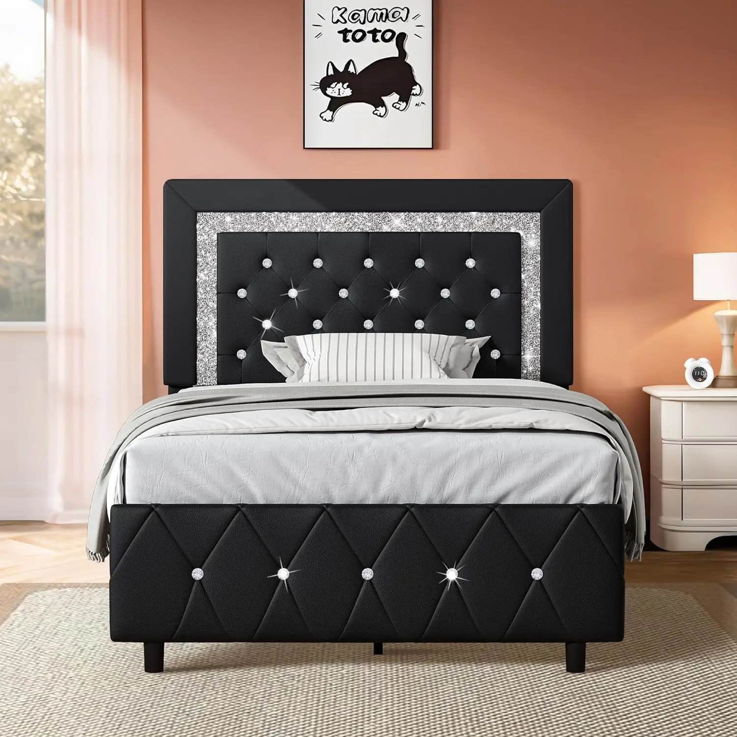 Upholstered Bed Frame with Diamond Headboard, Twin Bed Frames for Girls and Boys, Faux Leather Headboard & Footb