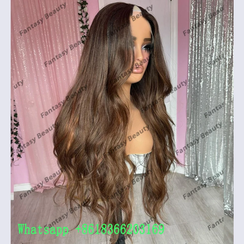 Long Wavy 28Inches Ombre Dark Roots Golden Brown Human Hair Full Machine Made V Part Wigs for Black Women Top Quality Adjustable