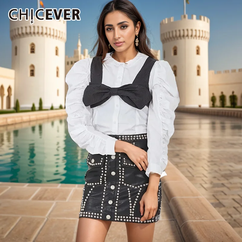 

CHICEVER Streetwear Korean Shirts For Women Round Neck Long Sleeve Single Breasted Hit Color Vintage Casual Blouses Female New