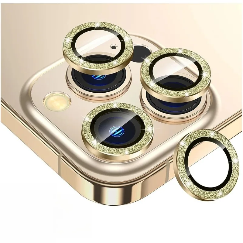 

Glitter Gold Camera Lens Protector Cover for iPhone 17 16 15 14 13 12 11 Pro Max Tempered Glass Protection Accessories
