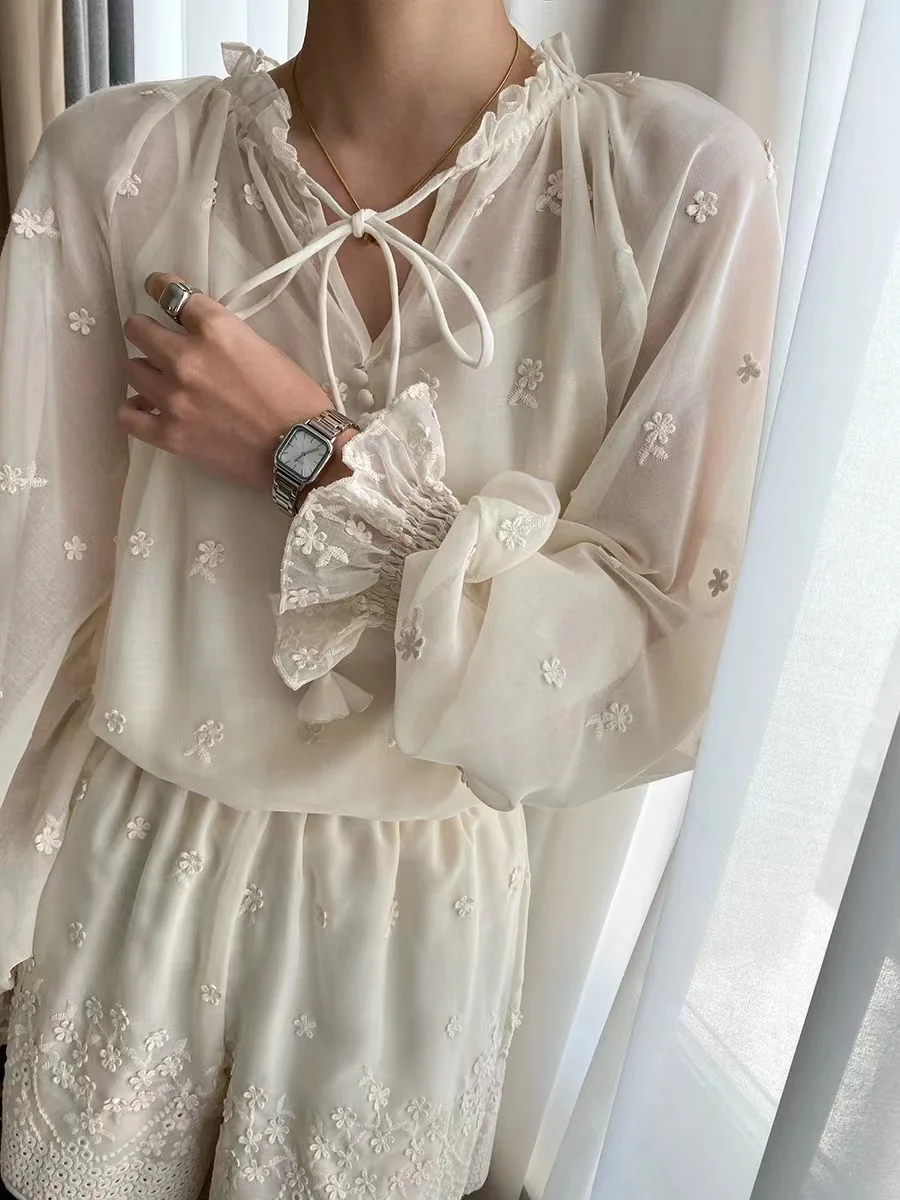 Long Sleeved Shirt+Suspender Top+Shorts Casual Embroidery And Sun Protection Three Piece Set Lace Outfits 2023 Summer Women's