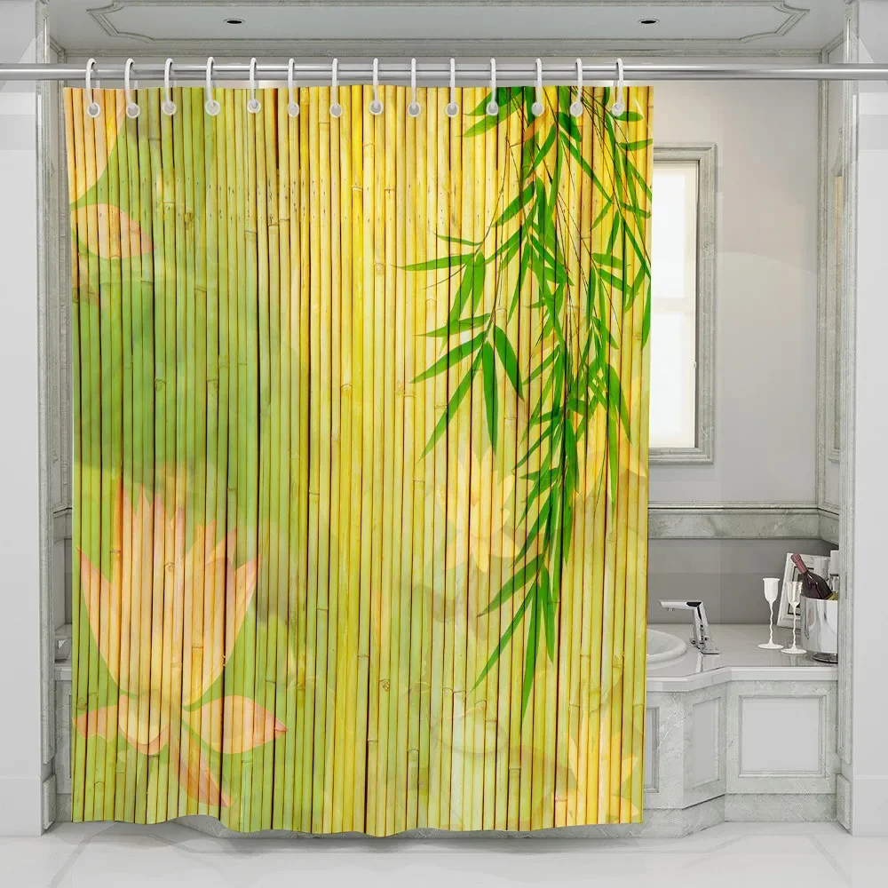 Yellow Green Bamboo Shower Curtain Bathroom Curtains Natural Scenery Waterproof Fabric Background Wall Decor Screen With Hooks