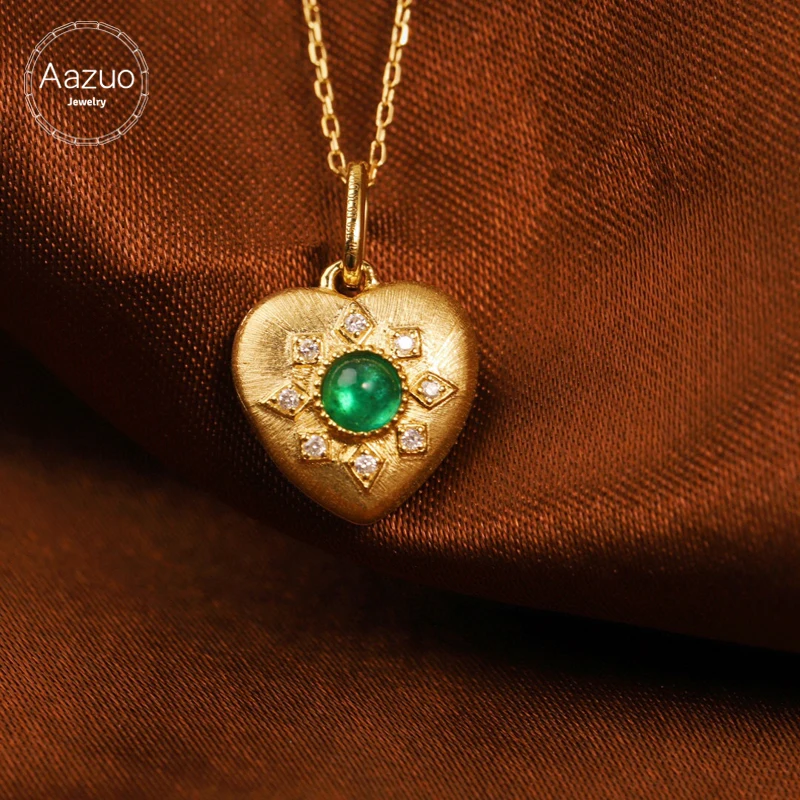 Aazuo Real 18K Solid Yellow Gold Jewelry Natural Emerald Real Diamonds Lovely Heart Shpae Necklace With Chain Gifted For Women