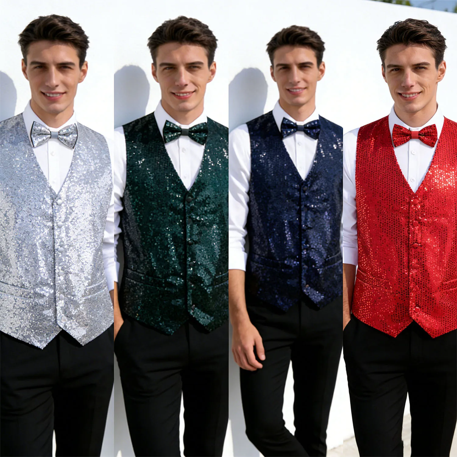 

Элегантный комплект из жилета с блестящими пайетками и галстука-бабочки – 4 варианта цветов для вечеринок, дискотек, сценических выступлений и нарядов для гостей на свадьбу.