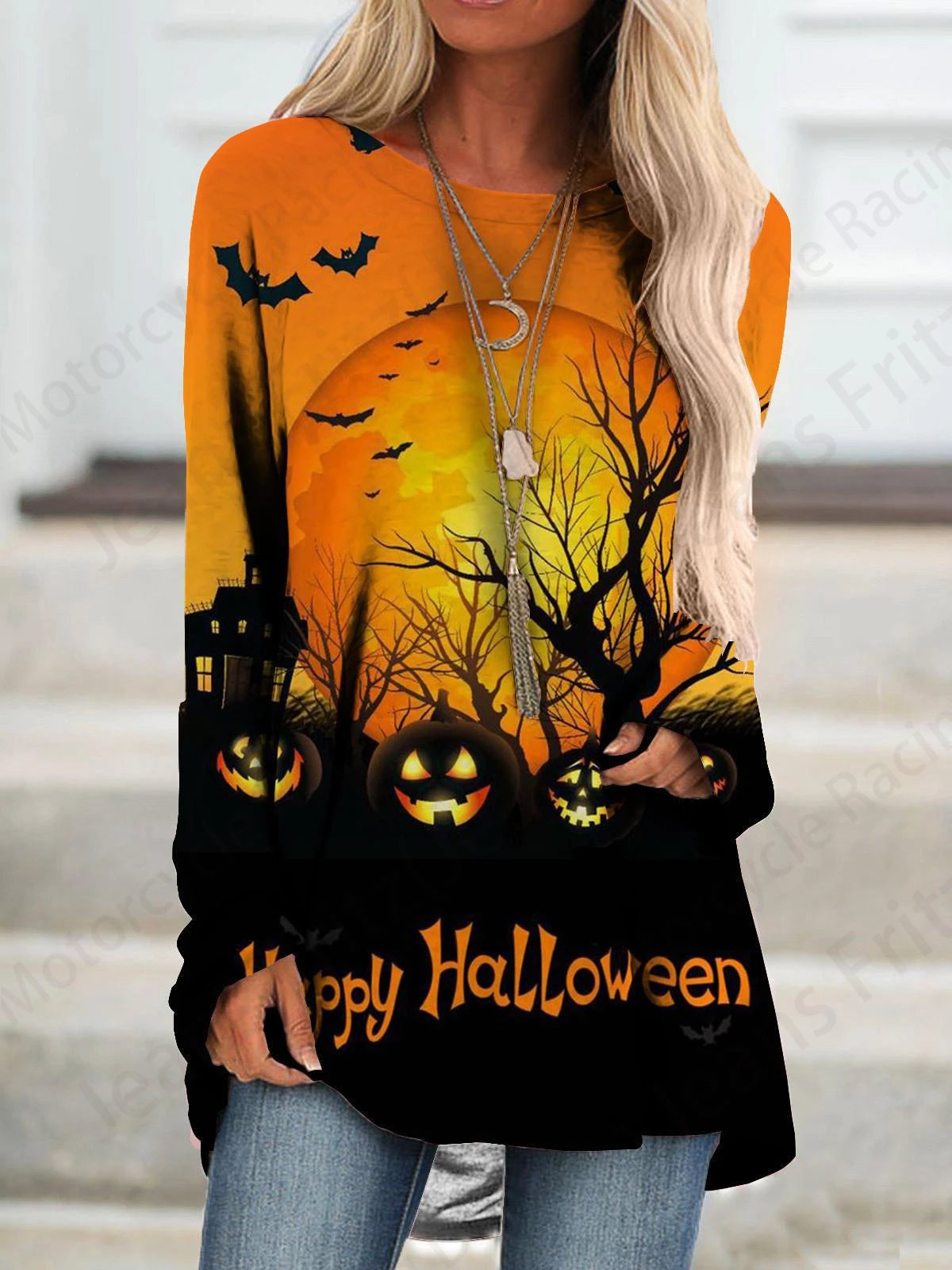 Halloween 3d Print Long Sleeve T-shirt Women Fashion Crewneck Long Tunic Tops Women Falls Pumpkin Clothing Femme Tops Y2k Style