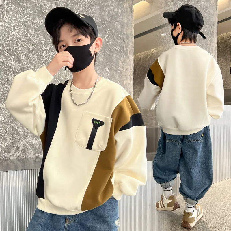 

Childrens Color Blocked Hoodie 2024 Spring New Boys Fashion Top Kids Fashion Contrast Spring and Autumn Bottom Shirt