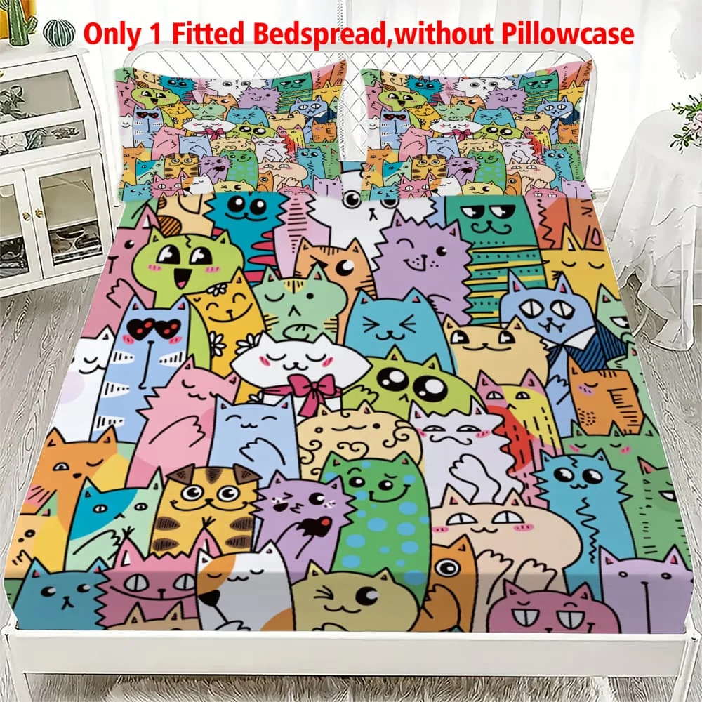 1pc Colorful Cartoon Cat Doodle Print Fitted Sheet Deep Pocket Elastic Mattress Cover Single Double Queen King Bedroom Decor