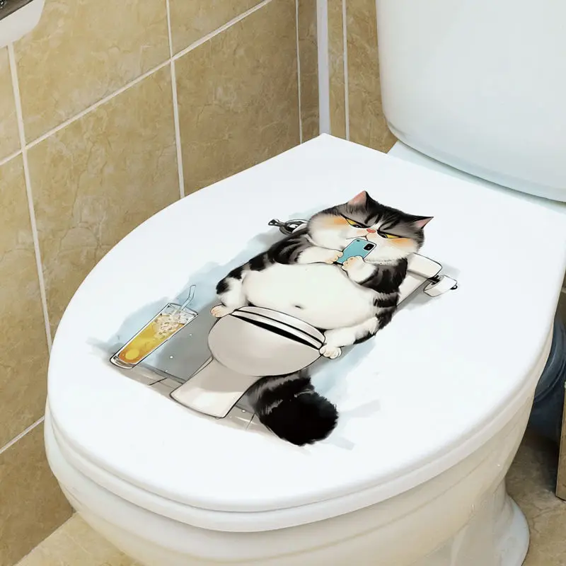 Funny Fat Cat Playing With Mobile Phone Toilet Sticker Bathroom Toilet Cover Sticker Wall Stickers Wc For Home Decoration S758