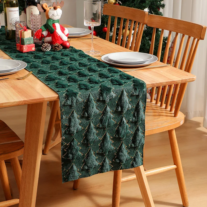 White Christmas Trees Soft Plush Faux Fur Jacquard Christmas Table Runner, Holiday Kitchen Dining Table Decoration for Home