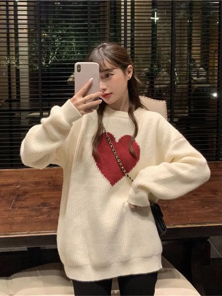 

Autumn Pullovers O-neck Sweater Heart Embroidery Sweet Soft Fashion Korean-style Knitting Jumpers Student Casual Outwear JJ847