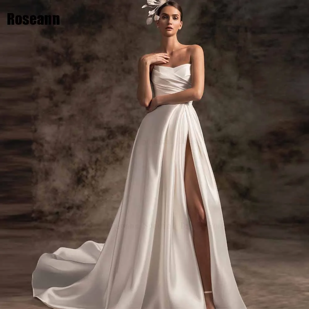 

A-line Wedding Dresses Strapless 2024 Sleeveless Front Split Draped Pleat Bride Dresses Brush Train Floor Length robe de mariée