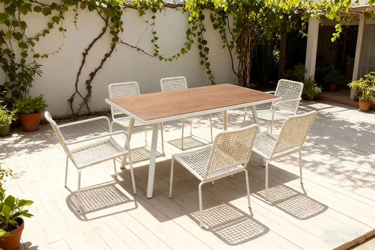 Patio Garden Furniture 6-8 Seat Dining Set Stack PE Rattan Chair with Plastic Wood Table