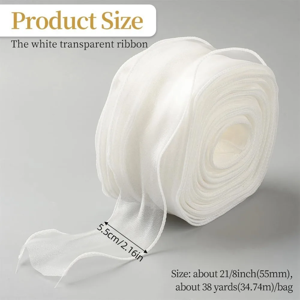 38 Yards 2 Inch White Organza Ribbon Wired Sheer Mesh Yarn Ribbon Clear Transparent Chiffon Silk Tulle Ribbons for making kit