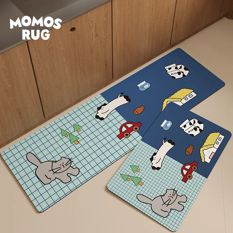 Cartoon Cat Puppy Grid Kitchen Mat Set Non Slip Waterproof Runner Rug Wear Resistant Easy Clean Doormat Home Decor