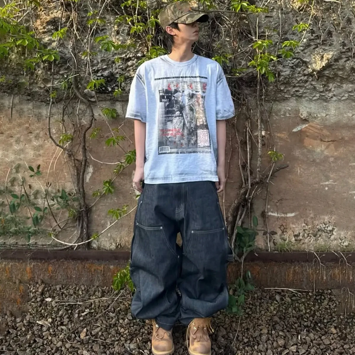 NIGO Men's Dark-Coloured Casual Straight Leg Baggy Jeans High Street Trend Wide Leg Denim Pants #NGTOP12148