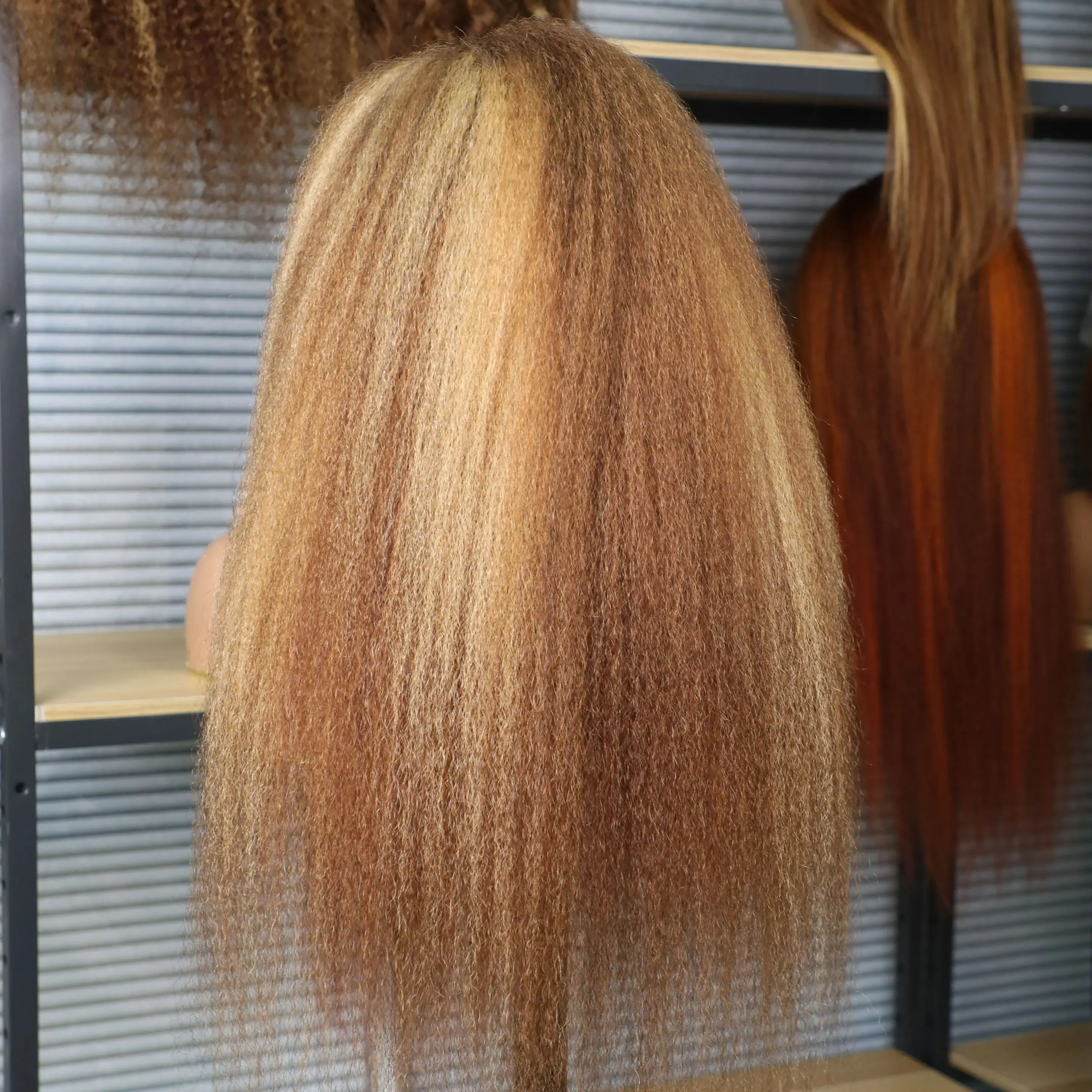 4/27 Highlight Kinky Straight 13x6 Lace Frontal Human Hair Wigs 200% Brown Blonde Piano Color 13x4 Front Wig PrePlucked Yaki Wig image 2