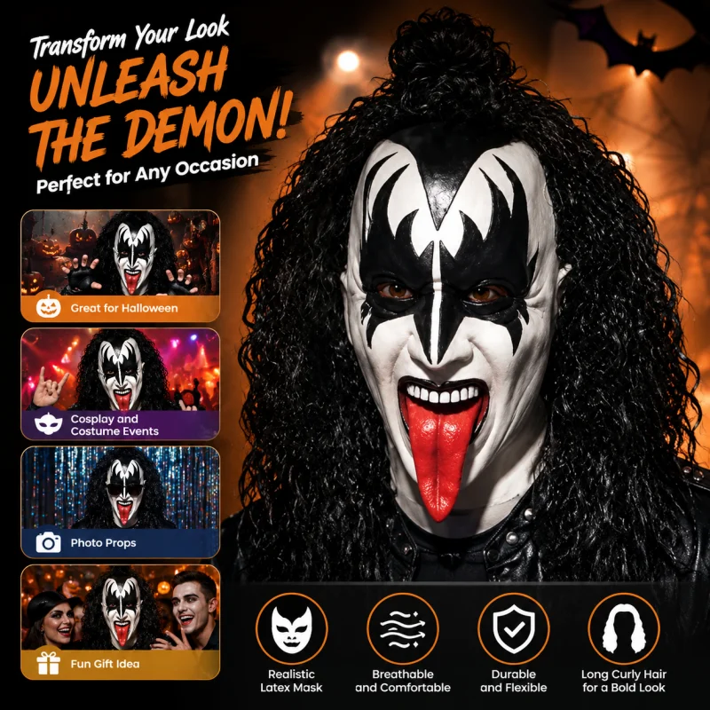 Gene Simmons Demon Mask KISS Band Rock Latex Full Head Mask With Curly Hair Halloween Cosplay Costume Party Props
