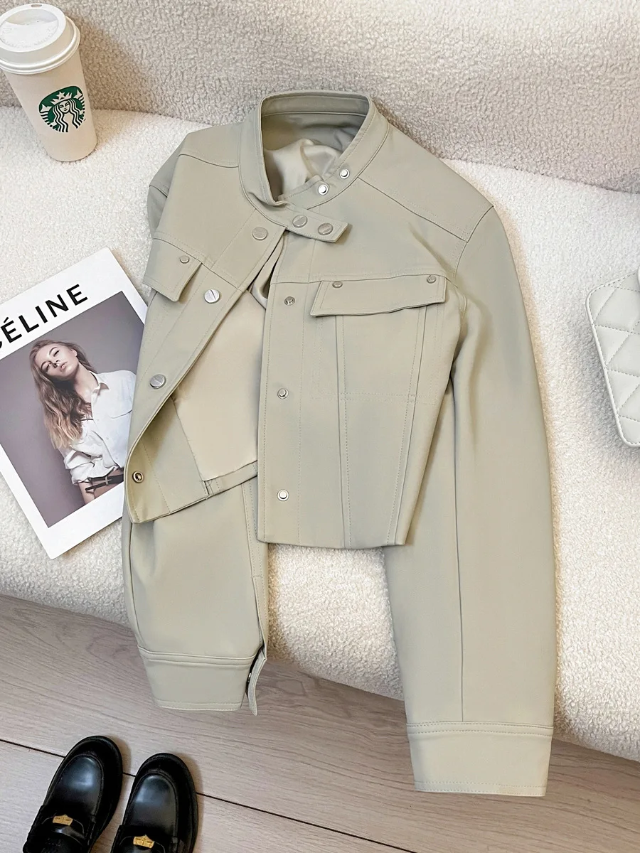 Autumn and winter women\'s casual solid color stand up collar long sleeved loose short jacket